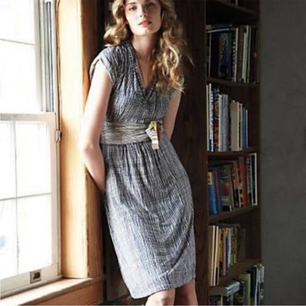 Anthropologie Deletta Gray and White Midi Wavering Grid Dress